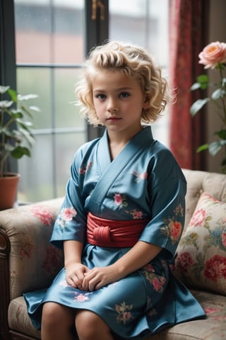 portrait of (((little girl 11-year-old Nórdic))) 1950s style, rainbow light hair,(((blonde short curly hair,(50s age style),high detailed hair)))(((detailed full hakama samurai))) sofa near a window  furniture,view front,flowers, plants, roses,view from above,  centered,full body shot,  natural light from a window,raw,iso. 800,50mm films,high detailed skin,detailed face,detailed eyes,detailed skin,acne,pores, detailmaster2,photo r3al,  moviemaker style