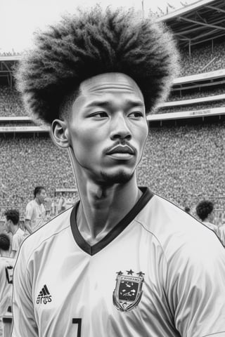 (((create Kim Jung Gi style illustration)))
(((footballer, Brazil national team,afro hair,detailed sports uniform)))
(((soccer ball)))
(((multiple people, background views stadium stands)))

(((Very detailed ink Kim Jung Gi style drawing,  brush marks)))
(((Monochrome, black and white)))
(((full body shot from distance)))
Monochrome,Leonardo Style