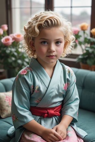 portrait of (((little girl 11-year-old Nórdic))) 1950s style, rainbow light hair,(((blonde short curly hair,(50s age style),high detailed hair)))(((detailed full hakama samurai))) sofa near a window  furniture,view front,flowers, plants, roses,view from above,  centered,full body shot,  natural light from a window,raw,iso. 800,50mm films,high detailed skin,detailed face,detailed eyes,detailed skin,acne,pores, detailmaster2,photo r3al,  moviemaker style