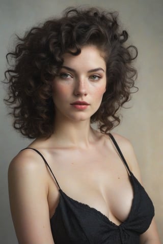 Prompt: (((Iconic 1940s age style but extremely beautiful))) (((black curly messy hair 40s age style,light rainbow in hair))) (((Pale skin and freckles, gorgeous and Voluptuous))) (((Chiaroscuro, soft light background))) (((female action poses))) (((masterpiece,minimalist, hyperrealistic,photorealistic))) (((view zoom,close-up, focal point torso))) (((By Annie Leibovitz style,by Rembrandt style)))