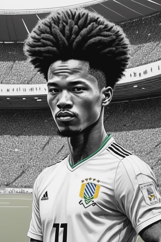 (((create Kim Jung Gi style illustration)))
(((footballer, Brazil national team,afro hair,detailed sports uniform)))
(((soccer ball)))
(((multiple people, background views stadium stands)))

(((Very detailed ink Kim Jung Gi style drawing,  brush marks)))
(((Monochrome, black and white)))
(((full body shot from distance)))
Monochrome,Leonardo Style