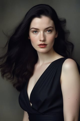 (((Iconic 1940s age style but extremely beautiful))) 
(((black long straight hair 40s age style))) 
(((Pale skin and freckles, gorgeous and Voluptuous))) (((Chiaroscuro, soft light background))) 
(((female action poses))) (((masterpiece,minimalist, hyperrealistic,photorealistic))) (((view zoom,close-up,focal upper torso))) 
(((By Annie Leibovitz style,by Rembrandt style)))