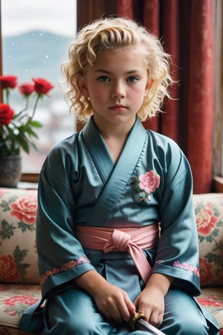 portrait of (((little girl 11-year-old Nórdic))) 1950s style, rainbow light hair,(((blonde short curly hair,(50s age style),high detailed hair)))(((detailed full hakama samurai with sword katanas))) sofa near a window  furniture,view front,flowers, plants, roses,view from above,  centered,full body shot,  natural light from a window,raw,iso. 800,50mm films,high detailed skin,detailed face,detailed eyes,detailed skin,acne,pores, detailmaster2,photo r3al,  moviemaker style