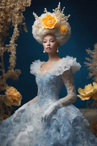 Extremely Realistic,Create a world with the next element * Glass sponge and coral Pocillopora pulchella for organic, flowing textures 
*detailed extremely Realistic mirrod
*view from above, centered, full body shot, natural light
* Marie-Antoinette details, gathers, beehives, ball gathering for volume and romance
* Crinoline, smocks, pin tucks for structure and architecture
* English pavilions for neoclassical references
* Belle Époque winter garden for retro inspiration
* Hans Bellmer-style surrealism and Donyale Luna mannequin for onirism
* Balata Garden and Martinique corals for tropical inspiration
* Gabrielle Chanel and diva singers for timeless elegance
* Short" for a contemporary twist white and blue rose and old yellow rose embroidery on tulle . Extremely Realistic, photo r3al,make_3d, cinematic moviemaker style,dripping paint,abstact