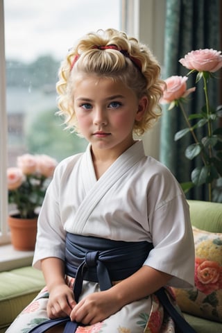 portrait of (((little girl 11-year-old Nórdic))) 1950s style, rainbow light hair,(((blonde short curly hair,(50s age style),high detailed hair)))(((detailed full hakama samurai with katanas))) sofa near a window  furniture,view front,flowers, plants, roses,view from above,  centered,full body shot,  natural light from a window,raw,iso. 800,50mm films,high detailed skin,detailed face,detailed eyes,detailed skin,acne,pores, detailmaster2,photo r3al,  moviemaker style