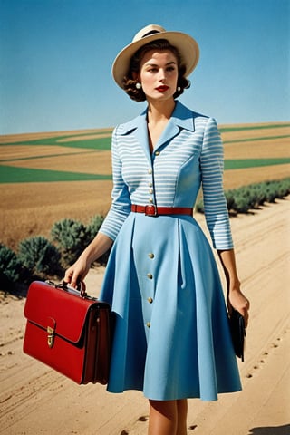 (((Iconic extremely beautiful)))
(((The image depicts a woman against a solid blue sky. Her attire and pose suggest a mid-20th-century fashion influence, while the use of color and shadowing techniques give it a modern, stylized feel,She is holding a small vintage red briefcase with both hands in front of her, wearing a short light blue dress with white horizontal stripes from the 60's)))
(((Beautiful Gorgeous,
voluptuous))) 
(((Chiaroscuro light colors background)))
(((wista perfil)))
(((masterpiece,minimalist,epic, hyperrealistic,photorealistic))) 
(((By Annie Leibovitz style,by Wes Anderson style)))