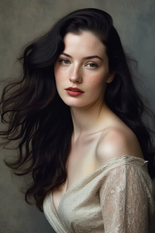 (((Iconic 1940s age style but extremely beautiful))) 
(((black long straight hair 40s age style))) 
(((Pale skin and freckles, gorgeous and Voluptuous))) (((Chiaroscuro, soft light background))) 
(((female action poses))) (((masterpiece,minimalist, hyperrealistic,photorealistic))) (((view zoom,close-up,focal upper torso))) 
(((By Annie Leibovitz style,by Rembrandt style)))