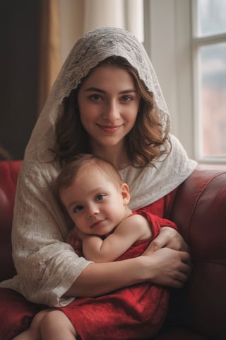 Photography of                             17 year old Jewish girl with her 
Little baby  in her arms,gold, sapphire, ruby, white marble,                                              in a room near the window, lying on an old and worn red leather sofa                                                       surrounded by a mysterious, warm and pleasant halo of light, beautiful                                                dutch_angle,beautiful smile, looking at the camera, facing camera                                                                                    
 Dressed in the same way as the virgin, with a cloak on his head                                             view from above                           full body shot
hi_resolution, highres realistic, Masterpiece, 8k, best quality, (ultra-detailed),photorealisti  detailed eyes,  detailed face,  hi_resolution, highres realistic, Masterpiece, 8k, best quality, (ultra-detailed), (intricate details)photorealisti,raw phot,detailed skin and acne. natural light,film 50mm prime lens,(8k, RAW photo, highest quality), (ultra-detailed )  photorealistic,  Real, detailmaster2,photo r3al,more detail XL,aw0k euphoric style,Wonder of Beauty