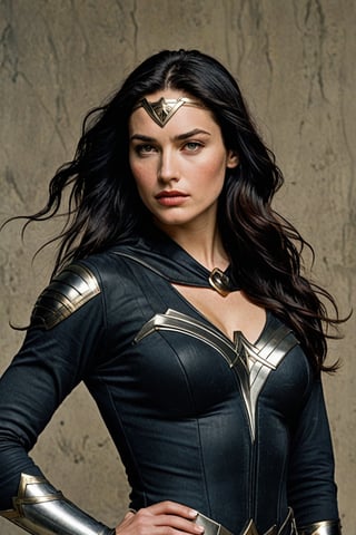 (((Iconic 1940s age style but extremely beautiful))) 
(((black very long straight hair 40s age style)))
(((with matte black t-shirt under the suit, leather and silver Amazon warrior costume [Wonder woman] serious expression, severe but calm)))
(((Pale skin and freckles, gorgeous and Voluptuous and muscular))) (((Chiaroscuro, soft light background))) 
(((female action poses))) (((masterpiece,minimalist, hyperrealistic,photorealistic))) (((view zoom,close-up,focal upper torso))) 
(((By Annie Leibovitz style,by caravaggio style)))