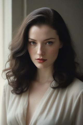 (((Iconic 1940s age style but extremely beautiful))) 
(((black long straight hair 40s age style))) 
(((Pale skin and freckles, gorgeous and Voluptuous))) (((Chiaroscuro, soft light background))) 
(((female action poses))) (((masterpiece,minimalist, hyperrealistic,photorealistic))) (((view zoom,close-up,focal upper torso))) 
(((By Annie Leibovitz style,by Rembrandt style)))