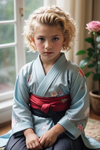 portrait of (((little girl 11-year-old Nórdic))) 1950s style, rainbow light hair,(((blonde short curly hair,(50s age style),high detailed hair)))(((detailed full hakama samurai katanas))) sofa near a window  furniture,view front,flowers, plants, roses,view from above,  centered,full body shot,  natural light from a window,raw,iso. 800,50mm films,high detailed skin,detailed face,detailed eyes,detailed skin,acne,pores, detailmaster2,photo r3al,  moviemaker style