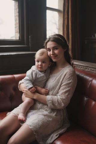 Photography of                             17 year old Jewish girl with her 
Little baby  in her arms,gold,sapphire, white marble,                                              in a room near the window, lying on an old and worn red leather sofa                                                       surrounded by a mysterious, warm and pleasant halo of light, beautiful                                                dutch_angle,beautiful smile, looking at the camera, facing camera                                                                                    
 Dressed in the same way as the virgin, with a cloak on his head                                             view from above                           full body shot
hi_resolution, highres realistic, Masterpiece, 8k, best quality, (ultra-detailed),photorealisti  detailed eyes,  detailed face,  hi_resolution, highres realistic, Masterpiece, 8k, best quality, (ultra-detailed), (intricate details)photorealisti,raw phot,detailed skin and acne. natural light,film 50mm prime lens,(8k, RAW photo, highest quality), (ultra-detailed )  photorealistic,  Real, detailmaster2,photo r3al,more detail XL,aw0k euphoric style,Wonder of Beauty