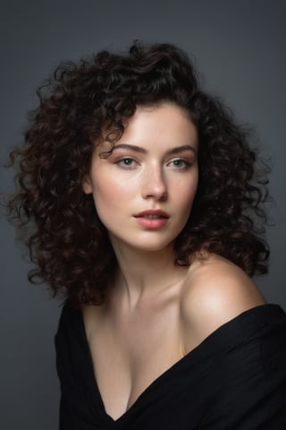 Prompt: (((Iconic 1940s age style but extremely beautiful))) (((black curly messy hair 40s age style,light rainbow in hair))) (((Pale skin and freckles, gorgeous and Voluptuous))) (((Chiaroscuro, soft light background))) (((female action poses))) (((masterpiece,minimalist, hyperrealistic,photorealistic))) (((view zoom,close-up, focal point torso))) (((By Annie Leibovitz style,by Rembrandt style)))