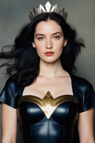 (((Iconic 1940s age style but extremely beautiful))) 
(((black long straight hair 40s age style)))
(((with matte black short-sleeved t-shirt, golden tiara, leather and silver Amazon warrior costume, [Wonder woman] serious expression, severe but calm)))
(((Pale skin and freckles, gorgeous and Voluptuous))) (((Chiaroscuro, soft light background))) 
(((female action poses))) (((masterpiece,minimalist, hyperrealistic,photorealistic))) (((view zoom,close-up,focal upper torso))) 
(((By Annie Leibovitz style,by Rembrandt style)))