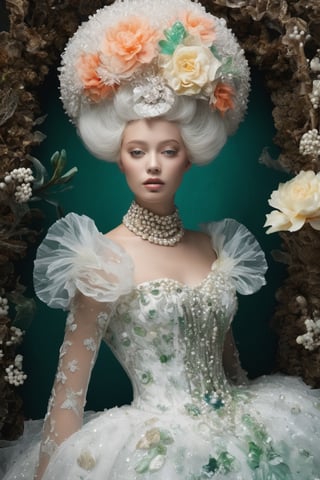 Extremely Realistic,Create a world with the next element * Glass sponge and coral Pocillopora pulchella for organic, flowing textures 
* extremely detailed Realistic silver, pearls white, emerald 
*view from above, centered, half body shot, natural light
* Marie-Antoinette details, gathers, beehives, ball gathering for volume and romance
* Crinoline, smocks, pin tucks for structure and architecture
* English pavilions for neoclassical references
* Belle Époque winter garden for retro inspiration
* Hans Bellmer-style surrealism and Donyale Luna mannequin for onirism
* Balata Garden and Martinique corals for tropical inspiration
* Gabrielle Chanel and diva singers for timeless elegance
* Short" for a contemporary twist white and blue rose and old yellow rose embroidery on tulle . Extremely Realistic, photo r3al,make_3d, cinematic moviemaker style,dripping paint,abstact