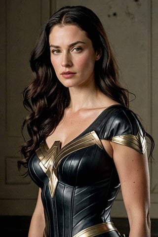 (((Iconic 1940s age style but extremely beautiful))) 
(((black very long straight hair 40s age style)))
(((with matte black t-shirt under the suit, leather and silver Amazon warrior costume [Wonder woman] serious expression, severe but calm)))
(((Pale skin and freckles, gorgeous and Voluptuous and muscular))) (((Chiaroscuro, soft light background))) 
(((female action poses))) (((masterpiece,minimalist, hyperrealistic,photorealistic))) (((view zoom,close-up,focal upper torso))) 
(((By Annie Leibovitz style,by caravaggio style)))