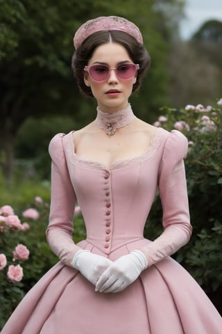 The painting of a woman 50-year-old sitting in a garden with((( delicate little pink sunglasses)))who is elegantly dressed in a high-collared,  long-sleeved,  and floor-length gown,  which exemplifies the late Victorian fashion. The dress is crafted from rich,  dark-colored fabric,  possibly velvet,  and is characterized by its simplicity and clean lines. A small,  high collar frames her face. The bodice is buttoned up the front,  and its shape accentuates her slender waist. A narrow sash cinches the waist,  creating a subtle hourglass figure. The sleeves are snugly fitted at the shoulders and taper down to the wrists,  reflecting the tailored look of the era. The cuffs of the sleeves are adorned with small decorative buttons. The skirt of the gown falls gracefully to the floor,  with a slight train at the back. It is designed to flow smoothly from the waist,  creating a straight,  elongated line down to the ground. Her complexion is pale and flawless,  following the Victorian preference for porcelain-like skin. She uses a light foundation or powder to achieve this look. Her cheeks are lightly flushed with a subtle hint of rosy pink blush,  delicately applied to the apples of her cheeks. The eyes are enhanced with a soft and natural look. Eyebrows are elegantly shaped with a slight arch and are filled in gently. Eyeshadow in neutral shades enhances her eyelids,  and mascara defines her lashes. Her lips are tinted with a natural,  muted color,  possibly a soft shade of pink or rose. Lip balm is applied to keep her lips smooth and moisturized. In a style of Claude Monet, AIDA_LoRA_LauraB, more detail XL, photo r3al,,
,more detail XL,photo r3al