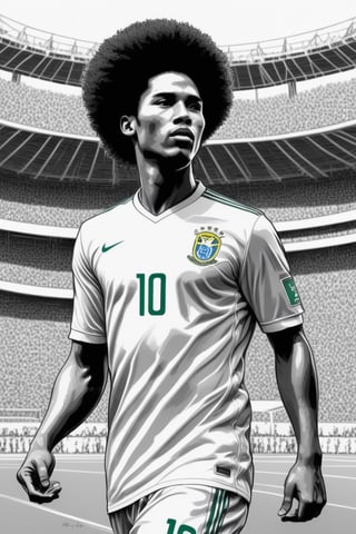 (((create Kim Jung Gi style illustration)))
(((footballer, Brazil national team,afro hair,detailed sports uniform)))
(((soccer ball)))
(((multiple people, background views stadium stands)))

(((Very detailed ink Kim Jung Gi style drawing,  brush marks)))
(((Monochrome, black and white)))
(((full body shot from distance)))
Monochrome,Leonardo Style