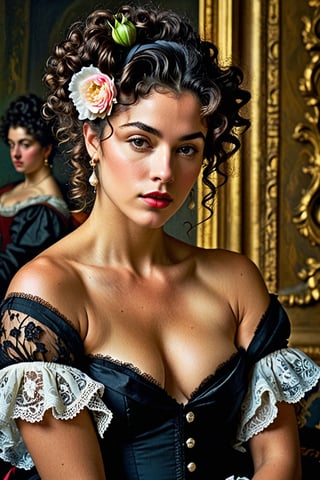 (((Iconic classical style 1800s extremely beautiful)))
(((Rococo style melancholic))) 
(((black short curly messy hair)))
(((Beautiful Gorgeous,muscular, voluptuous, sexy, athletic))) 
(((Chiaroscuro vivid colors background))) 
(((masterpiece,minimalist,epic, hyperrealistic,photorealistic))) (((view very zoom,view profile, Wide angle))) 
(((By Annie Leibovitz style,by caravaggio style)))