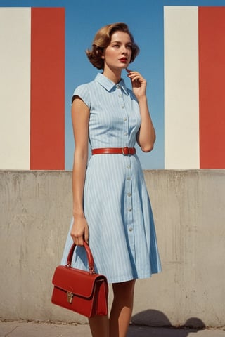 (((Iconic extremely beautiful)))
(((The image depicts a woman against a solid blue sky. Her attire and pose suggest a mid-20th-century fashion influence, while the use of color and shadowing techniques give it a modern, stylized feel,She is holding a small vintage red briefcase with both hands in front of her, wearing a short light blue dress with white horizontal stripes from the 60's)))
(((Beautiful Gorgeous,
voluptuous))) 
(((Wall minimalist red colors gradient backgroun)))
(((wista perfil)))
(((masterpiece,minimalist,hyperrealistic,photorealistic))) 
(((By Annie Leibovitz style,by Wes Anderson style)))