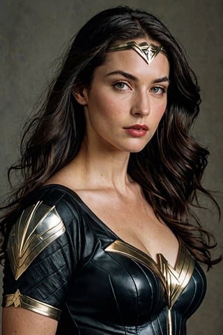 (((Iconic 1940s age style but extremely beautiful))) 
(((black very long straight hair 40s age style)))
(((with matte black t-shirt under the suit, leather and silver Amazon warrior costume [Wonder woman] serious expression, severe but calm)))
(((Pale skin and freckles, gorgeous and Voluptuous and muscular))) (((Chiaroscuro, soft light background))) 
(((female action poses))) (((masterpiece,minimalist, hyperrealistic,photorealistic))) (((view zoom,close-up,focal upper torso))) 
(((By Annie Leibovitz style,by caravaggio style)))