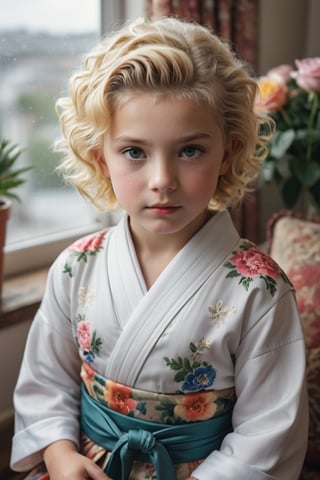 portrait of (((little girl 11-year-old Nórdic))) 1950s style, rainbow light hair,(((blonde short curly hair,(50s age style),high detailed hair)))(((detailed full hakama samurai))) sofa near a window  furniture,view front,flowers, plants, roses,view from above,  centered,full body shot,  natural light from a window,raw,iso. 800,50mm films,high detailed skin,detailed face,detailed eyes,detailed skin,acne,pores, detailmaster2,photo r3al,  moviemaker style