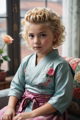 portrait of (((little girl 11-year-old Nórdic))) 1950s style, rainbow light hair,(((blonde short curly hair,(50s age style),high detailed hair)))(((detailed full hakama samurai))) sofa near a window  furniture,view front,flowers, plants, roses,view from above,  centered,full body shot,  natural light from a window,raw,iso. 800,50mm films,high detailed skin,detailed face,detailed eyes,detailed skin,acne,pores, detailmaster2,photo r3al,  moviemaker style