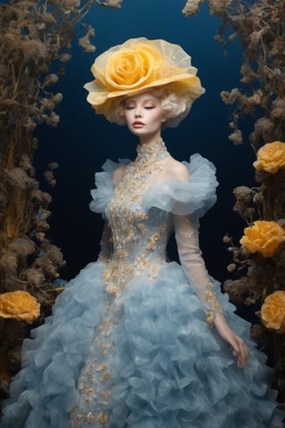 Extremely Realistic,Create a world with the next element * Glass sponge and coral Pocillopora pulchella for organic, flowing textures 
*view from above, centered, full body shot, natural light
* Marie-Antoinette details, gathers, beehives, ball gathering for volume and romance
* Crinoline, smocks, pin tucks for structure and architecture
* English pavilions for neoclassical references
* Belle Époque winter garden for retro inspiration
* Hans Bellmer-style surrealism and Donyale Luna mannequin for onirism
* Balata Garden and Martinique corals for tropical inspiration
* Gabrielle Chanel and diva singers for timeless elegance
* Short" for a contemporary twist white and blue rose and old yellow rose embroidery on tulle . Extremely Realistic, photo r3al,make_3d, cinematic moviemaker style,dripping paint,abstact