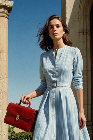 (((Iconic extremely beautiful)))
(((The image depicts a woman against a solid blue sky. Her attire and pose suggest a mid-20th-century fashion influence, while the use of color and shadowing techniques give it a modern, stylized feel,She is holding a small vintage red briefcase with both hands in front of her, wearing a short light blue dress with white horizontal stripes from the 60's)))
(((Beautiful Gorgeous,
voluptuous))) 
(((Chiaroscuro light colors background)))
(((wista perfil)))
(((masterpiece,minimalist,epic, hyperrealistic,photorealistic))) 
(((By Annie Leibovitz style,by Wes Anderson style)))