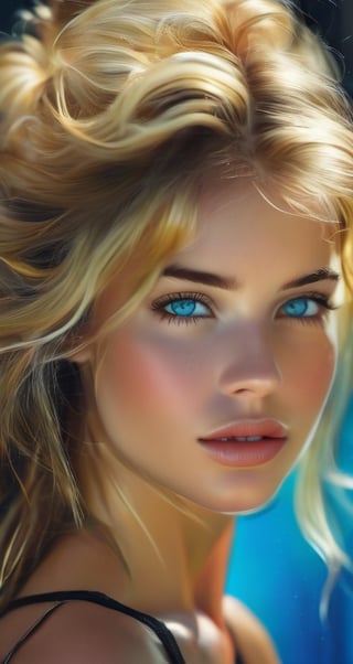 1 girl, blonde, close up, art, digital art, floating hair, Extremely Realistic, art photography,baby face woman,ENHANCE XL,ENHANCE Facial details,4k,BEAUTY,REALISTIC,GLAMOUR,GORGEOUS,PORTRAIT,SEXY,ART,HAPPINESS,WOMAN,BLUE EYES, black=rgb 0,0,0,