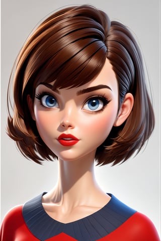 score_9, score_8_up, score_7_up, 3d toon style,1girl,solo, upper body,looking at viewer, white background, bob cut, short brown hair, brown hair, makeup , parted lips, red lips, mascara,  eyeliner, blue eyes