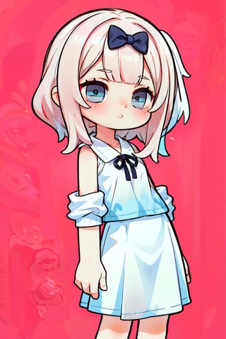 one Female,Chibi character,Educator,soft hair, Dark gray eyes,Intellectual smile, flat chest,BREAK,Simple sleeveless Shuchi'in Academy high school uniform dress,simple skirt,BREAK,aausagi,she is a cute fair-skinned young girl with shoulder-length silver hair (light pink hue) that has a black bow in the middle of her square bangs, light blue eyes,chika1, no background, smiling