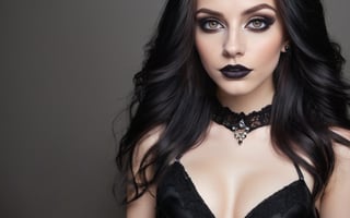 Best quality, masterpiece, (realistic:1.4), 1girl, highly detailed, gothicstyle, very long hair, gothic body, goth makeup, beautiful eyes, bright colors, high contrast, vivid lighting,  brown eyes, gothic, black lips, black nails, clevage, sexy dress, black dress. centered composition, photo r3al, detailmaster2,