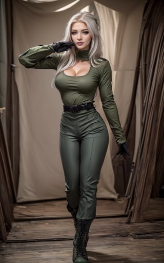 1girl, solo, medium breast, seductive smirk, makeup, long eyelashes, brown eyes, beauty, cute, long hair, white hair, slicked hair, (((black tight top))), (((green military pants))), (((military belt))), (((grey gloves))), (((military boots))), full body, seductive pose, standing, masterpiece, photo r3al, p3rfect boobs,cleavage,