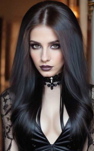 Best quality, masterpiece, (realistic:1.4), 1girl, highly detailed, gothicstyle, very long hair, gothic body, goth makeup, beautiful eyes, bright colors, high contrast, vivid lighting,  brown eyes, gothic, black lips, black nails, clevage, sexy dress, black dress. centered composition, photo r3al, detailmaster2,