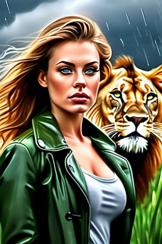 A sexy woman,
 friend with,
scarlion, lion, 
green eyes, whiskers, feline, best quality, photorealistic, raining, cloydy, hyperrealistic, ultradetailed, detailed background, photo background, digital drawing (artwork), 
[[by kenket|by totesfleisch8], by thebigslick:by silverfox5213:0.8], [by syuro, by paloma-paloma::0.2], depth of field, grey sky, intimidating,  ,scarlion,1 girl,food ,more detail XL