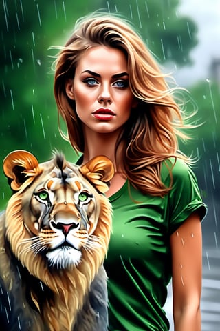 A sexy woman,
Nearby,
scarlion, lion, 
green eyes, whiskers, feline, best quality, photorealistic, raining, cloydy, hyperrealistic, ultradetailed, detailed background, photo background, digital drawing (artwork), 
[[by kenket|by totesfleisch8], by thebigslick:by silverfox5213:0.8], [by syuro, by paloma-paloma::0.2], depth of field, grey sky, intimidating,  ,scarlion,1 girl,food ,more detail XL