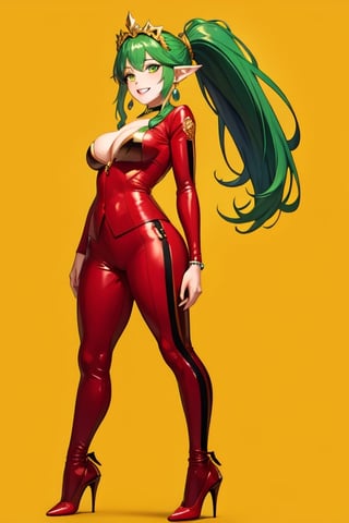 (+18) ,
masterpiece, best quality, 
1girl, breasts, cleavage, 

earrings, 
full_body, gold_choker, 
green_eyes, green_hair, 
high_heels, jewelry, long_hair, 
looking_at_viewer, 
medium_breasts, 
parted_lips, pointy_ears, 
ponytail, red_footwear, 
red_suit, smile, 
solo, suit, teeth, 
tiara, yellow_background ,