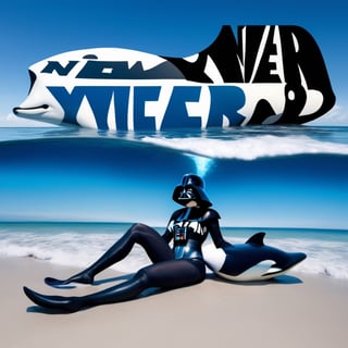 (+18) , NSFW  , 
create a photo cd , 
cover art of an hyperrealistic sexy (Darth Vader woman) laying in the ocean with a white stocking holding a sign text "New Year" above her
and the world in the eye of a killer whale orca in the sky, 
blue color scheme ,