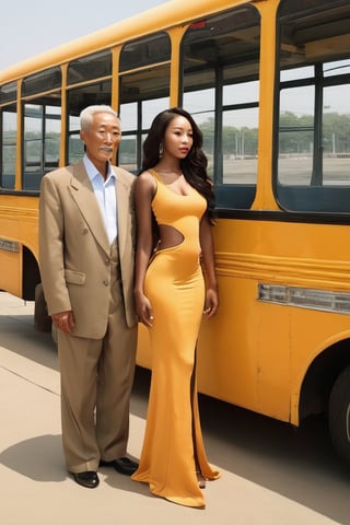 (+18) , NSFW , ((An Old Korean man 90 yrs with his young African sexy wife 20yrs)) , fantastic realism, full shot, soft colors , (wife is young age from Africa with dark skin) sexy wife , sleeveless vest , ((background in futuristic 
Bus station)) ,Buses 