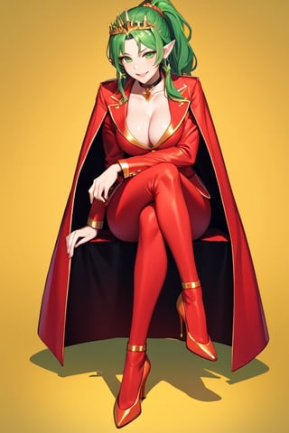 (+18) ,
masterpiece, best quality, 
1girl, breasts, cleavage, 
Crossing legs,
earrings, 
full_body, gold_choker, 
green_eyes, green_hair, 
high_heels, jewelry, long_hair, 
looking_at_viewer, 
medium_breasts, 
parted_lips, pointy_ears, 
ponytail, red_footwear, 
red_suit, smile, 
solo, suit, teeth, 
tiara, yellow_background ,