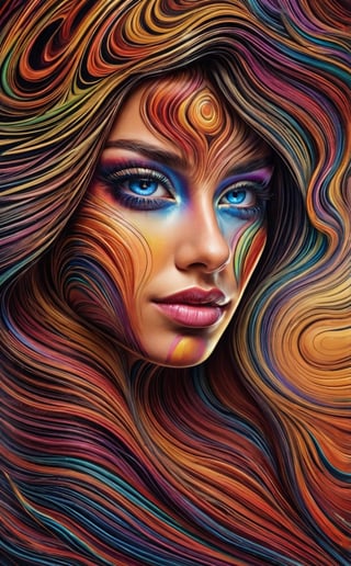 ((digital art photo)), professional photo, beautiful and aesthetic, The image is a digital painting of a woman's face surrounded by colorful hair. The hair is depicted in a rainbow of colors, including red, orange, yellow, and blue. The woman's face is also painted with vibrant colors, including blue eyes, rosy cheeks, and pink lips. The brushstrokes are thick and visible, giving the painting a textured look, ((ultra sharp focus)), (realistic textures and skin:1.1), (realistic and perfect gray eyes:1.1), ((perfect design of hands and fingers)), aesthetic. masterpiece, pure perfection, high definition ((best quality, masterpiece, detailed)), ultra high resolution, hdr, art, high detail, add more detail, (extreme and intricate details), ((raw photo, 64k:1.37)), ((sharp focus:1.2)), (muted colors, dim colors, soothing tones ), siena natural ratio, ((more detail xl)),more detail XL,detailmaster2,Enhanced All,photo r3al,masterpiece