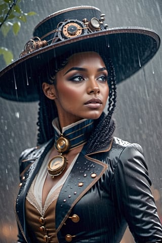 HZ steampunk, ebony, wet clothes, raining, Victorian era black female, she is enjoing the rain, grey pupils, wearing victorian era fashioned clothes, Wearing victorian era hat, use gold and silver color for fashion, steampunk style,