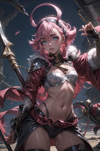 A woman dressed as a fierce Norse warrior, hand axes, helmet, fur cloak, long braided light pink hair, green eyes, pointed ears, fierce, battle ready
