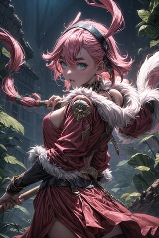 A woman dressed as a fierce Norse warrior, hand axes, helmet, fur cloak, long braided light pink hair, green eyes, pointed ears, fierce, battle ready
