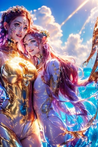 (((sunlight))), Makeup, More Detail, GdClth, (((magic circle))), (((shine))), (((deep purple hair))),((( (((goddess))), (((golden eyes))), (((flower))), (((facial pattern))), (((water))), (((Random hairstyle))), (((happiness))), (((golden beam))), (((golden runes))), (((facial tattoo))), (((cloud))), (((red bodysuit))), ocean