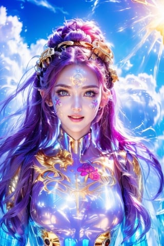 (((sunlight))), Makeup, More Detail, GdClth, (((magic circle))), (((shine))), (((deep purple hair))),((( (((goddess))), (((golden eyes))), (((flower))), (((facial pattern))), (((ice))), (((Random hairstyle))), (((happiness))), (((golden beam))), (((golden runes))), (((facial tattoo))), (((cloud))), (((red bodysuit))), 