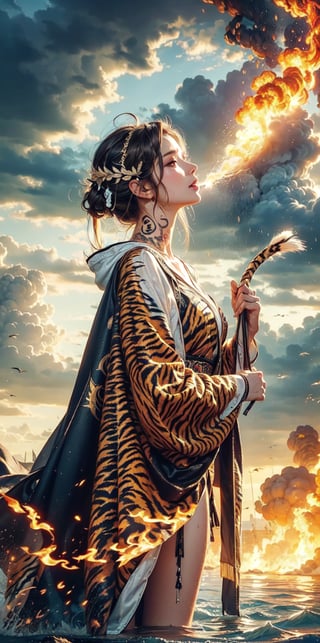 goddess, pattern cloak, patterned robe,(tiger pattern tattoos),windy,wet_clothes,wet hair,white background,Dreamy clouds,spit fire