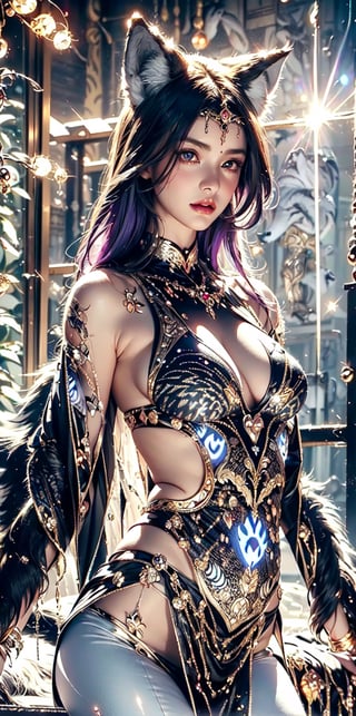 (Aphrodite, goddess ,Minerva) wearing (complex wolf pattern costume :1.7) , purple hair, ancient Japan street, faint smile gracefully,above waist,(lens flare: 1.3),Masterpiece, beautiful details, perfect focus, uniform 8K wallpaper, high resolution, exquisite texture in every detail, pink and white entanglement,crystal and silver entanglement,