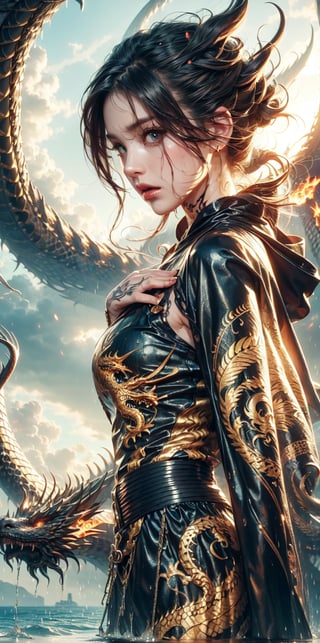 goddess, pattern cloak, patterned robe,(dragon pattern tattoos),windy,wet_clothes,wet hair,white background,Dreamy clouds,spit fire,dragon background